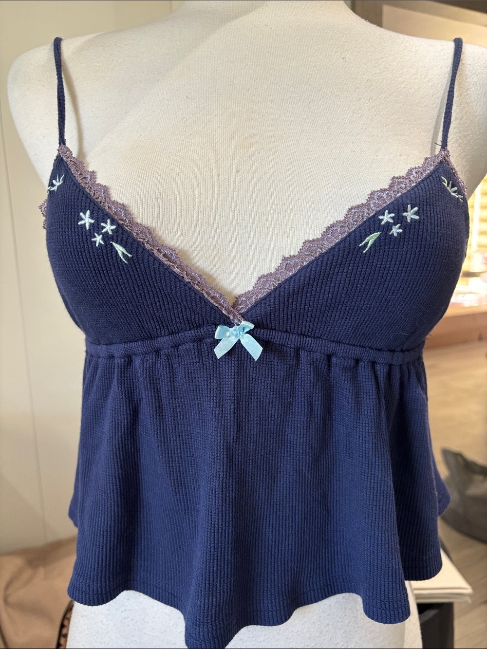 Edikted Navy Cropped Knit Tank with Lavender Lace & Light Blue Bow